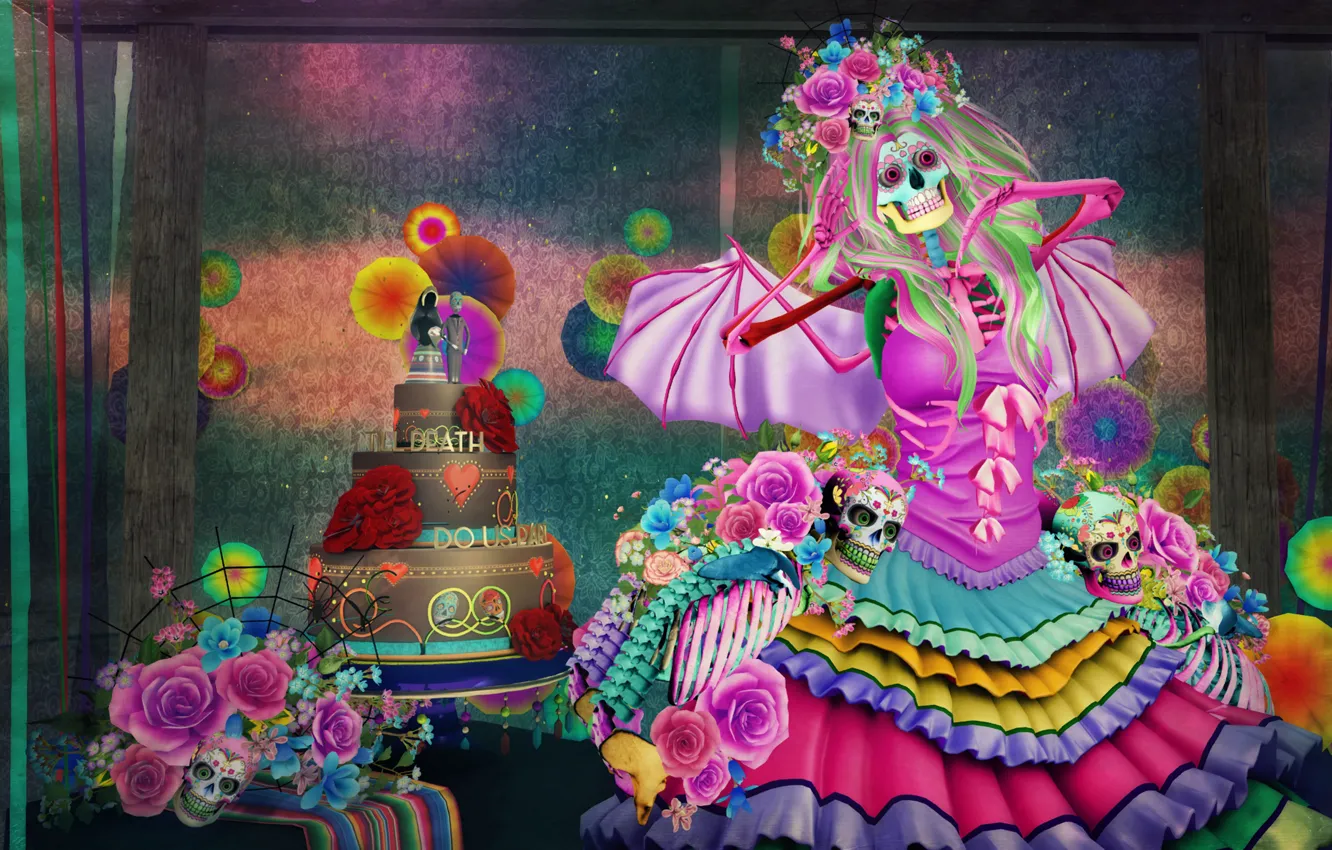 Photo wallpaper girl, background, holiday, skull, dress, costume