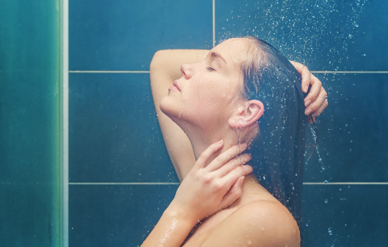 Photo wallpaper water, girl, shower, profile