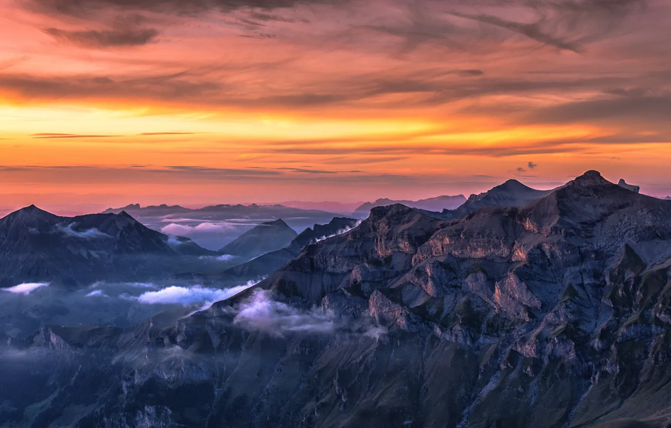 Photo wallpaper the sky, clouds, sunset, mountains, tops, the evening