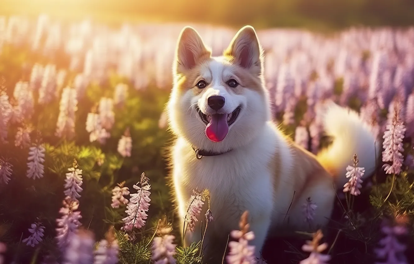Photo wallpaper field, language, summer, look, light, flowers, dog, walk