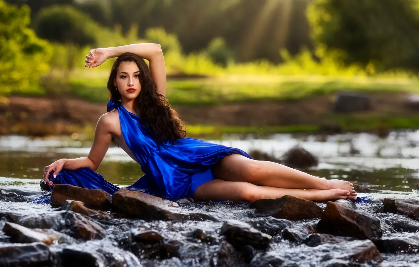 Photo wallpaper look, girl, pose, river, stones, hands, dress, legs
