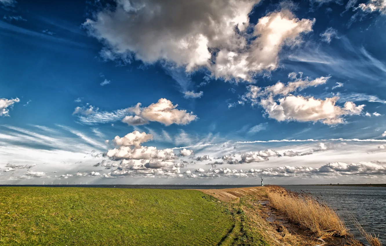 Photo wallpaper sea, the sky, clouds, coast, Netherlands, Holland, Flevoland, Lelystad