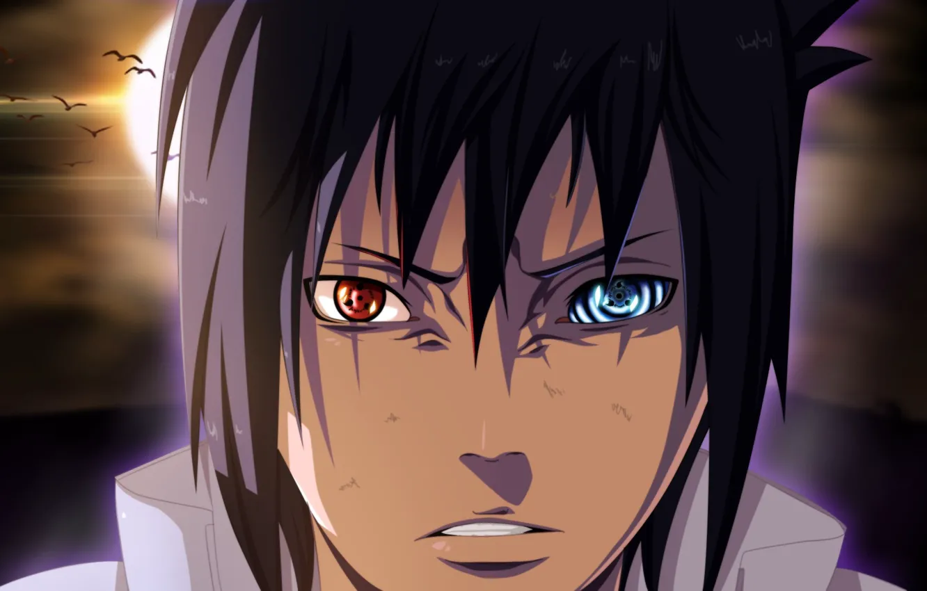 Photo wallpaper game, Sasuke, Naruto, eyes, anime, birds, sharingan, ninja