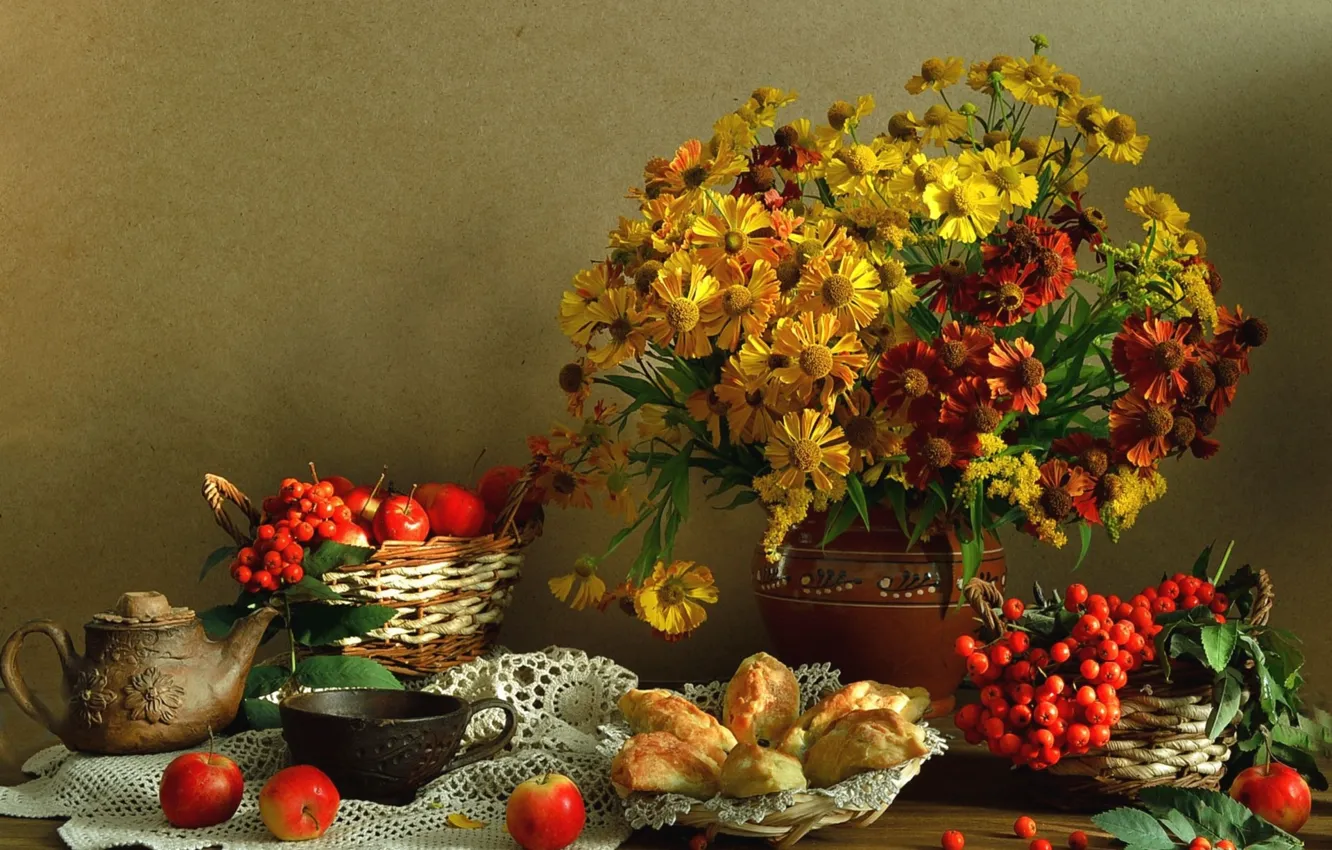 Photo wallpaper background, bouquet, fruit, still life