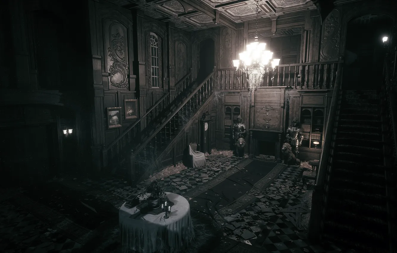 Photo wallpaper table, building, lighting, ladder, chandelier, sculpture, mansion, the room