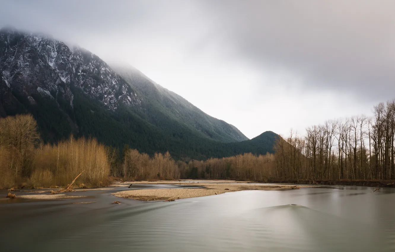 Photo wallpaper mountains, fog, lake