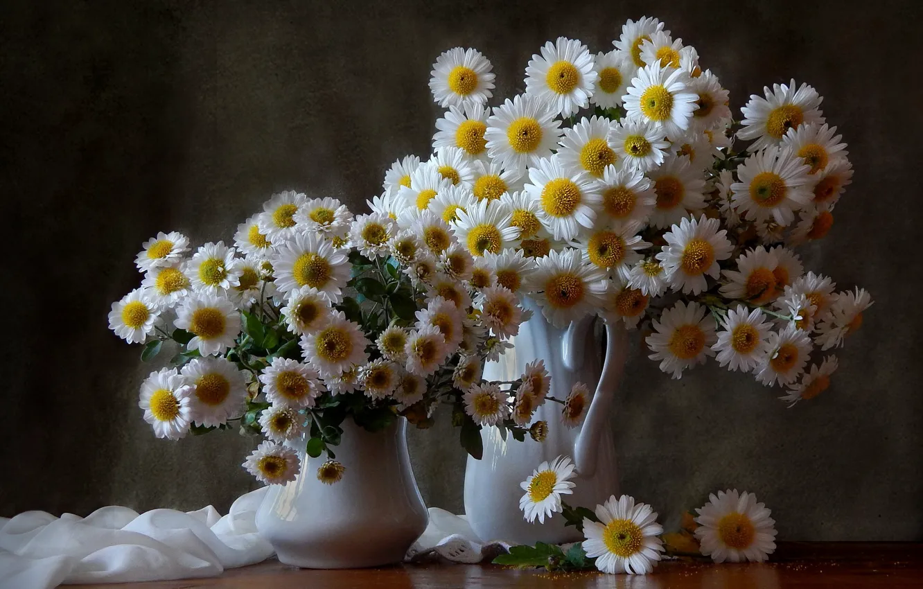 Photo wallpaper flowers, chamomile, bouquet, vase