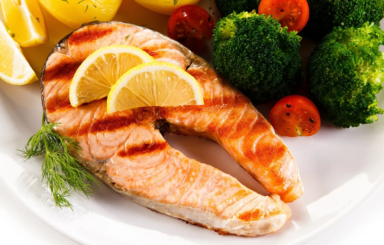 Photo wallpaper greens, lemon, fish, tomatoes, delicious, broccoli