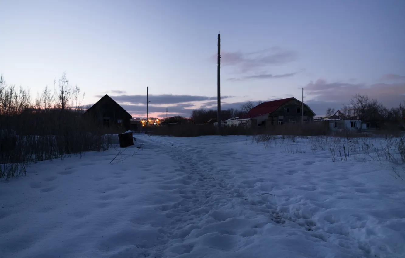 Photo wallpaper winter, the sky, clouds, snow, building, home, the evening