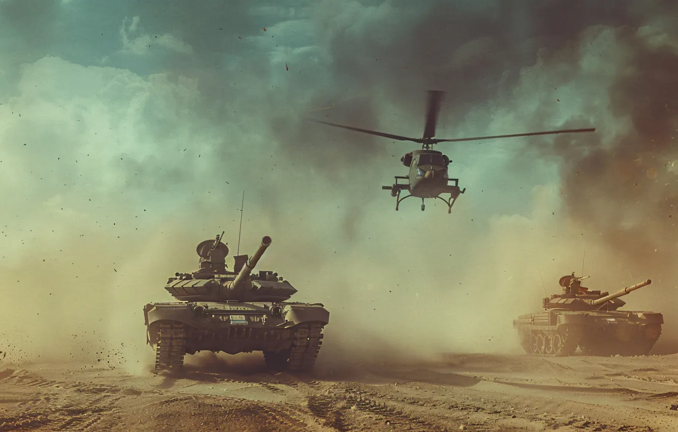 Photo wallpaper retro, smoke, dust, tank, helicopter, digital art, AI art, The Art of Artificial Intelligence