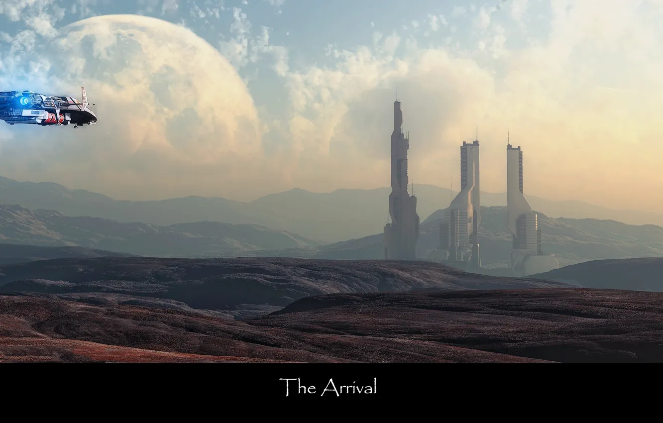 Photo wallpaper planet, tower, spaceship, planet, Towers, Arrival, The ARRIVAL