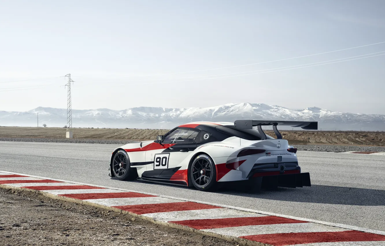 Photo wallpaper the sky, asphalt, mountains, coupe, plain, Toyota, 2018, wing