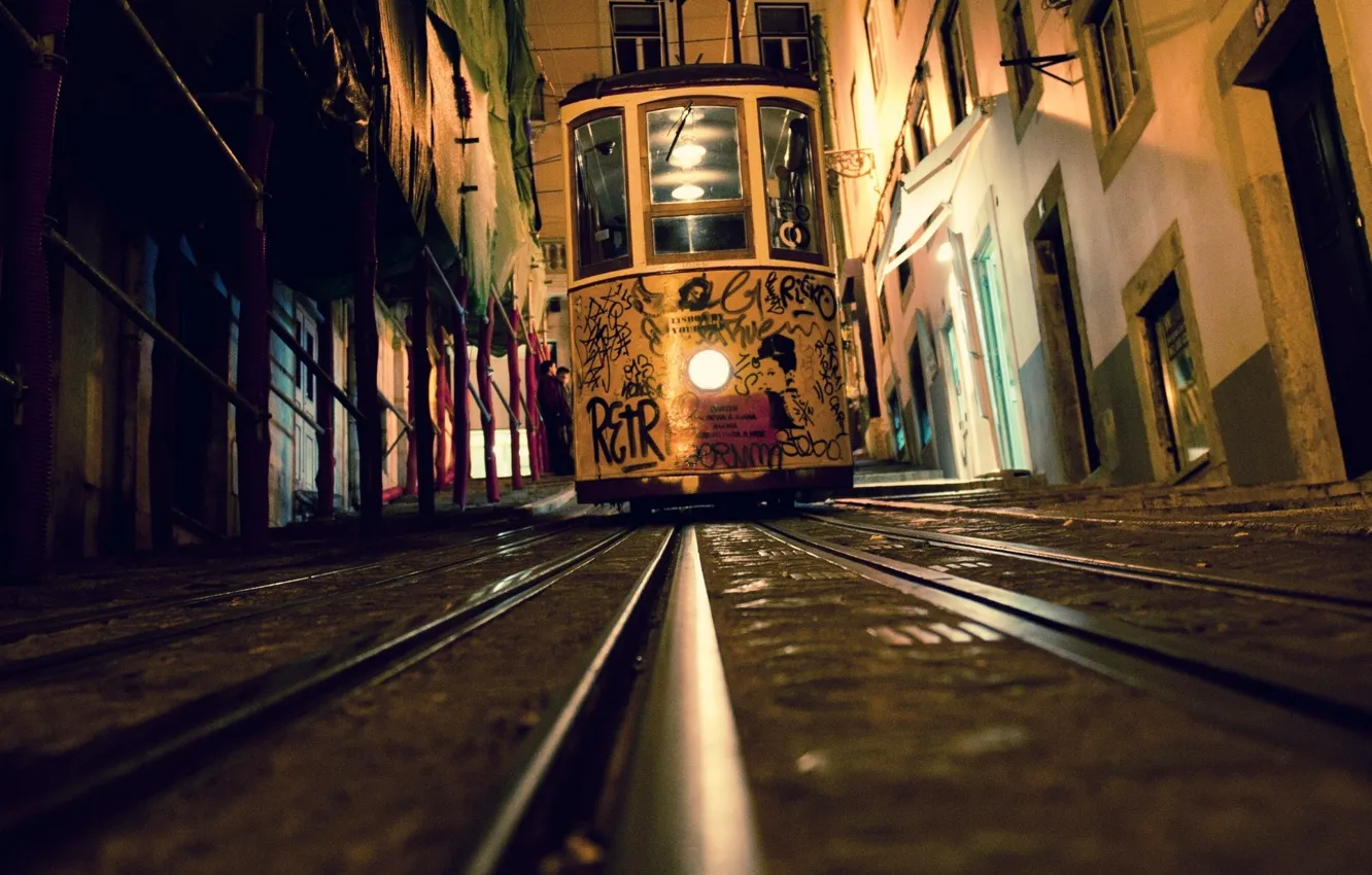 Photo wallpaper night, rails, home, tram