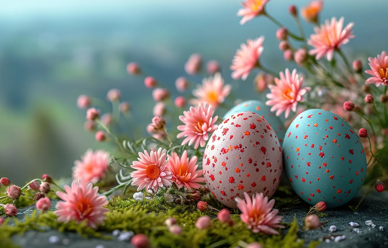 Photo wallpaper flowers, eggs, spring, colorful, Easter, pink, flowers, spring