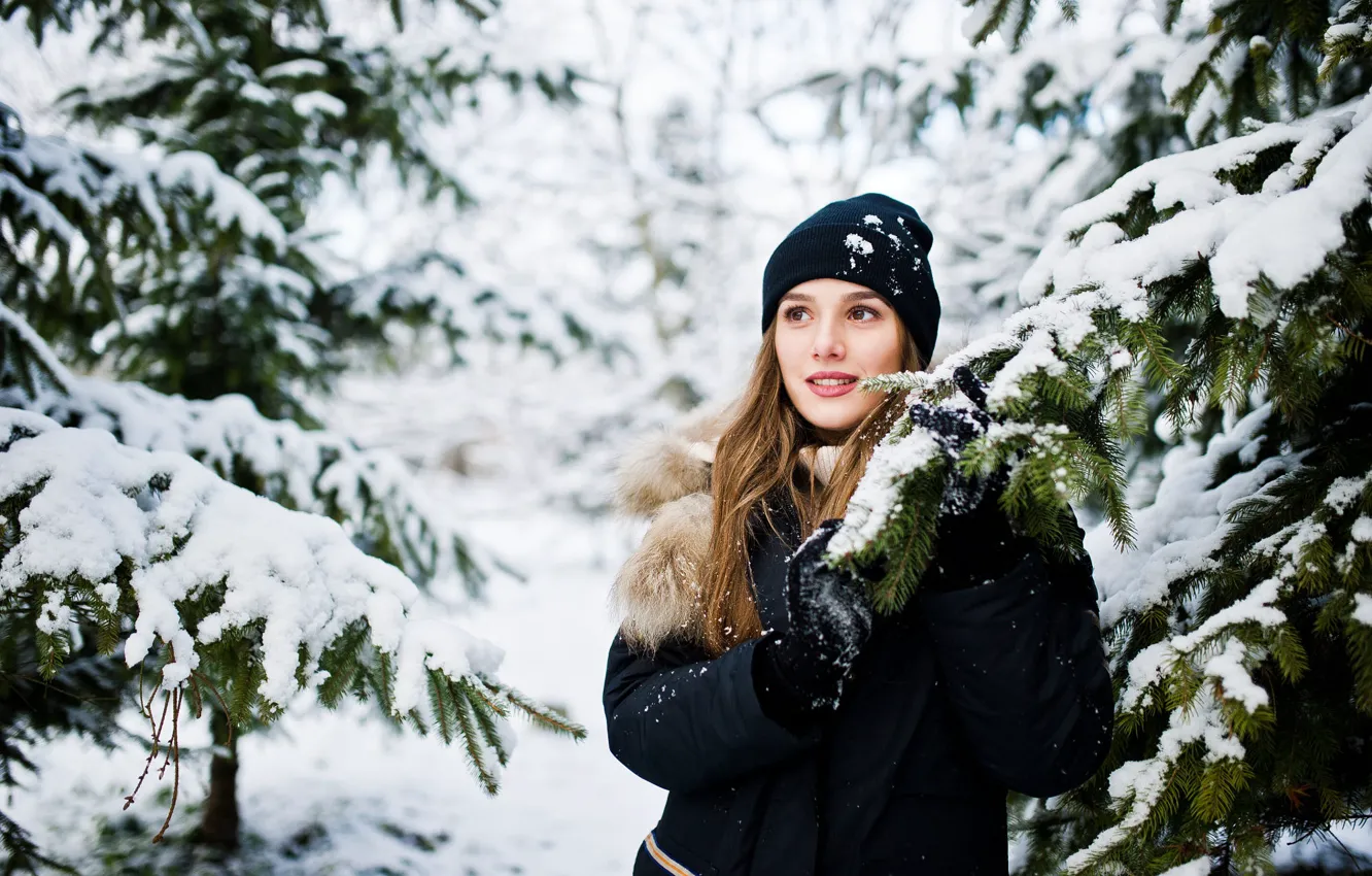 Photo wallpaper winter, forest, look, girl, snow, branches, face, pose