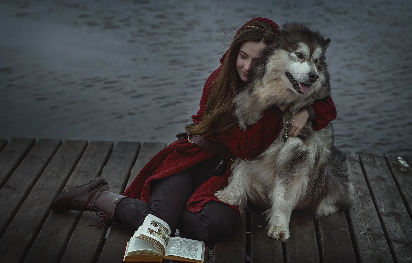 Photo wallpaper water, girl, animal, dog, hugs, book, bridges, dog