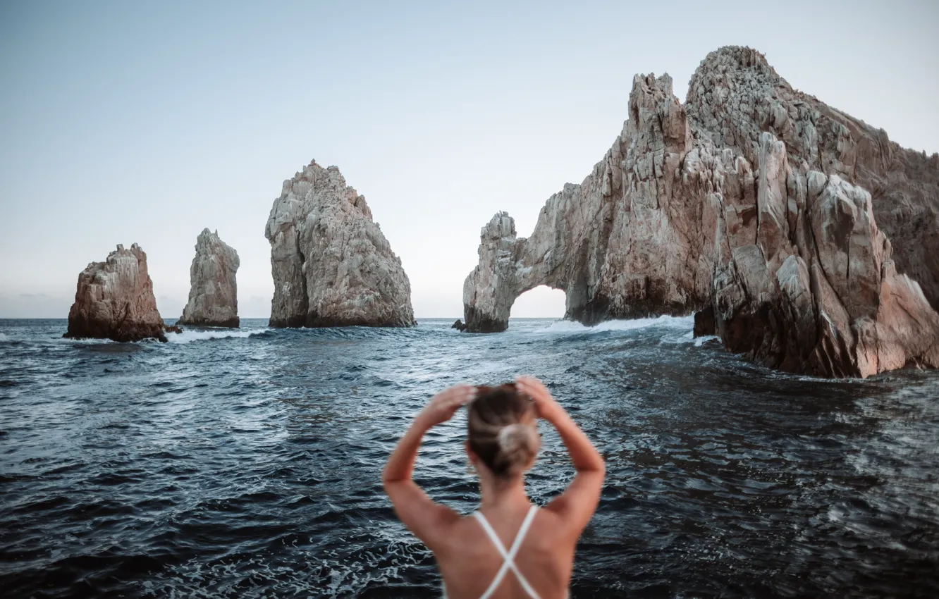 Photo wallpaper girl, Mexico, Mexico, Pacific Ocean, The Pacific ocean, Lovers' Beach, Arch of Cabo San Lucas, …