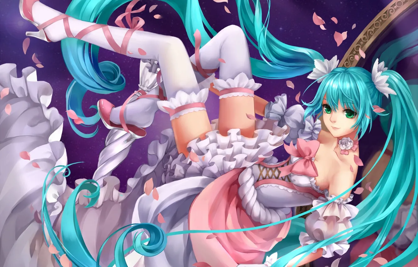 Photo wallpaper look, girl, space, smile, petals, vocaloid, hatsune miku, Vocaloid