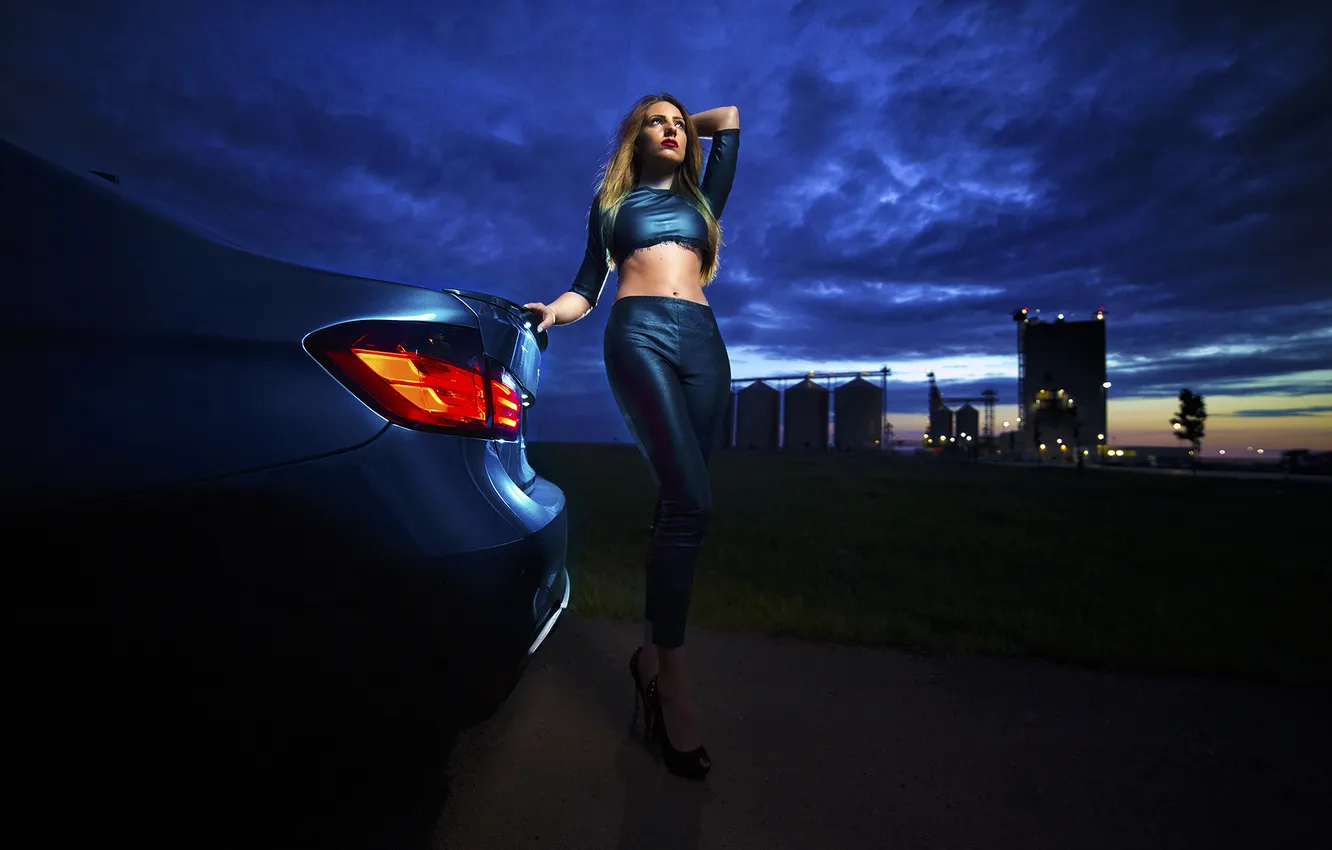 Photo wallpaper car, BMW, girl, sexy, auto, legs, blue, model