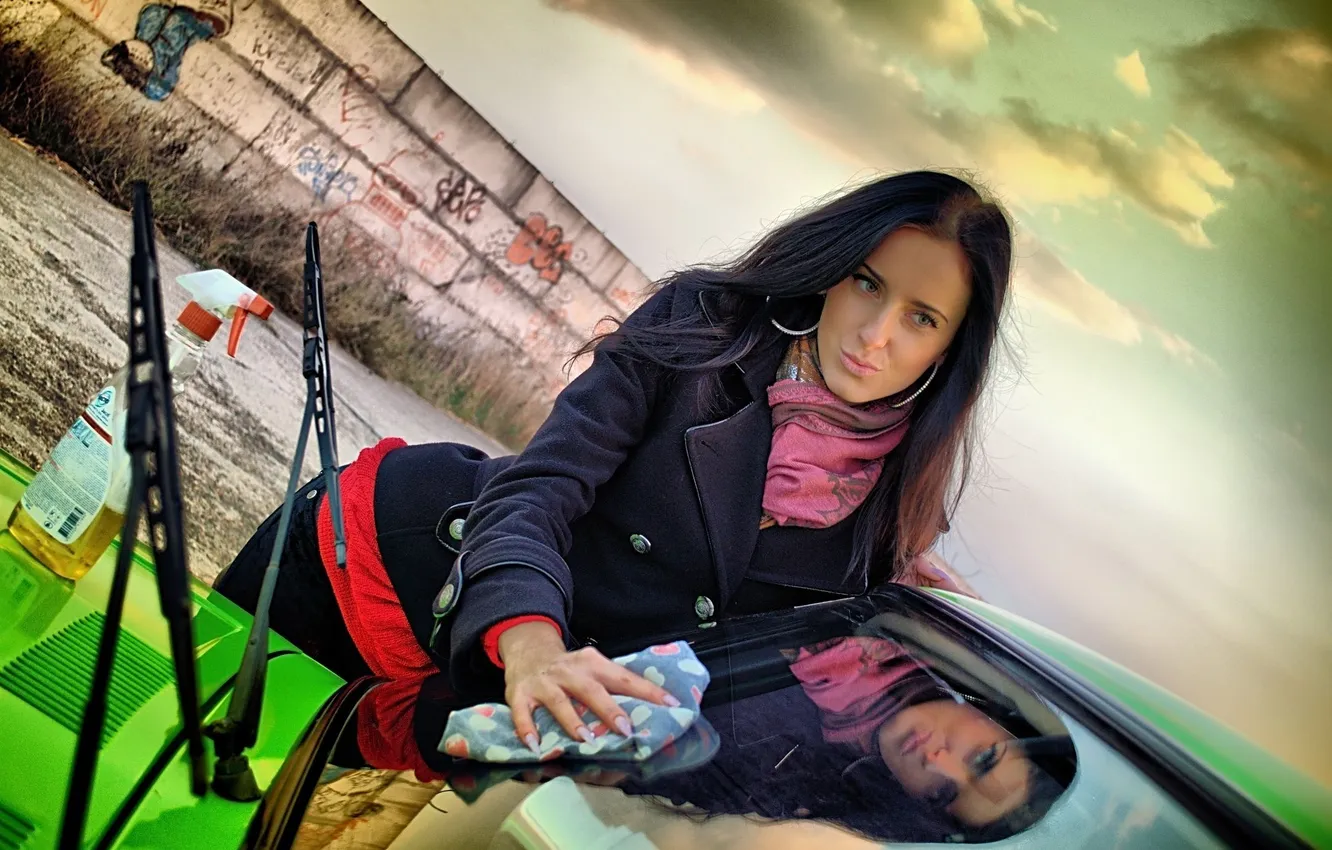 Photo wallpaper road, auto, autumn, the sky, look, girl, clouds, pose