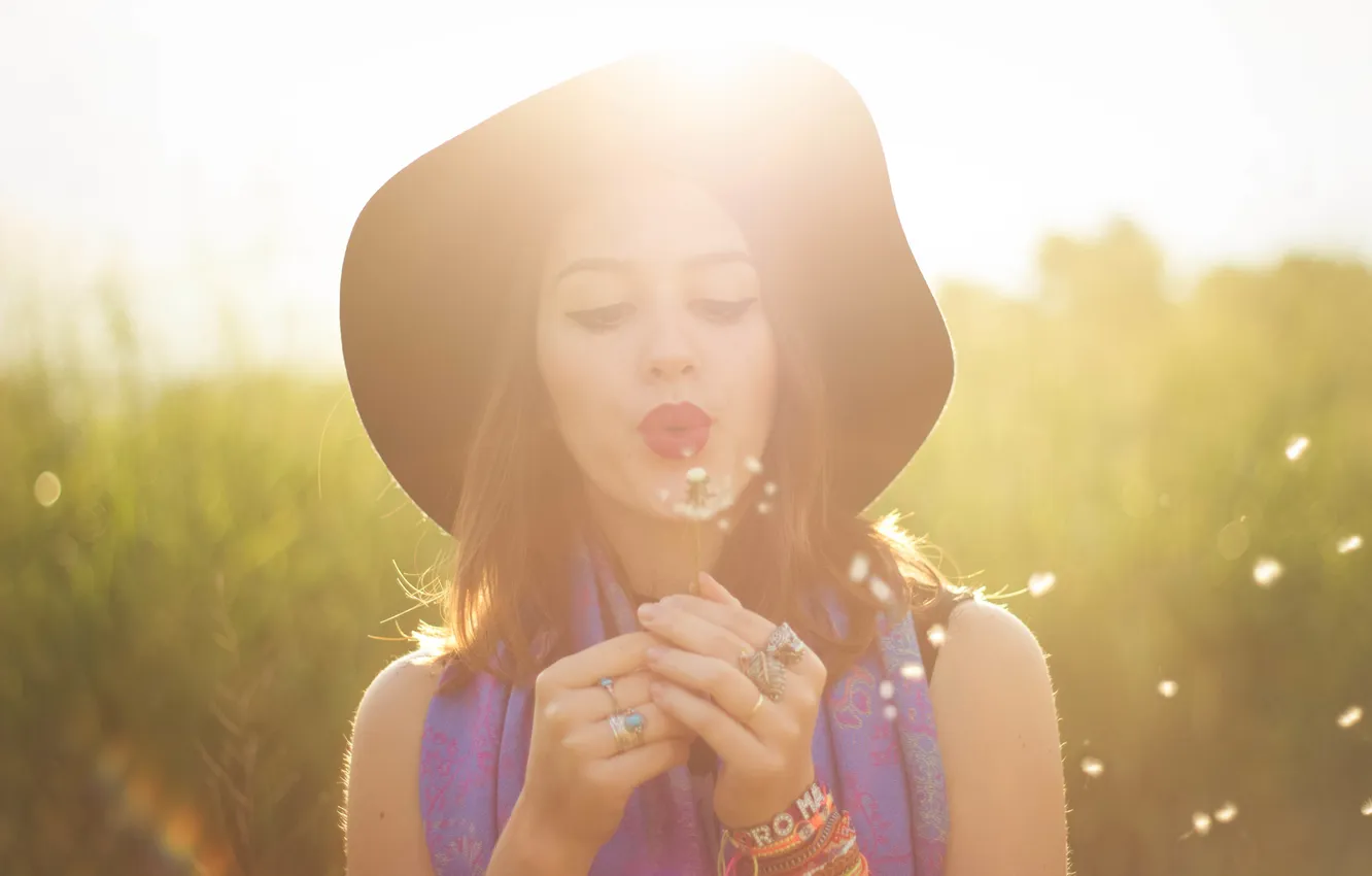 Photo wallpaper girl, dandelion, hat