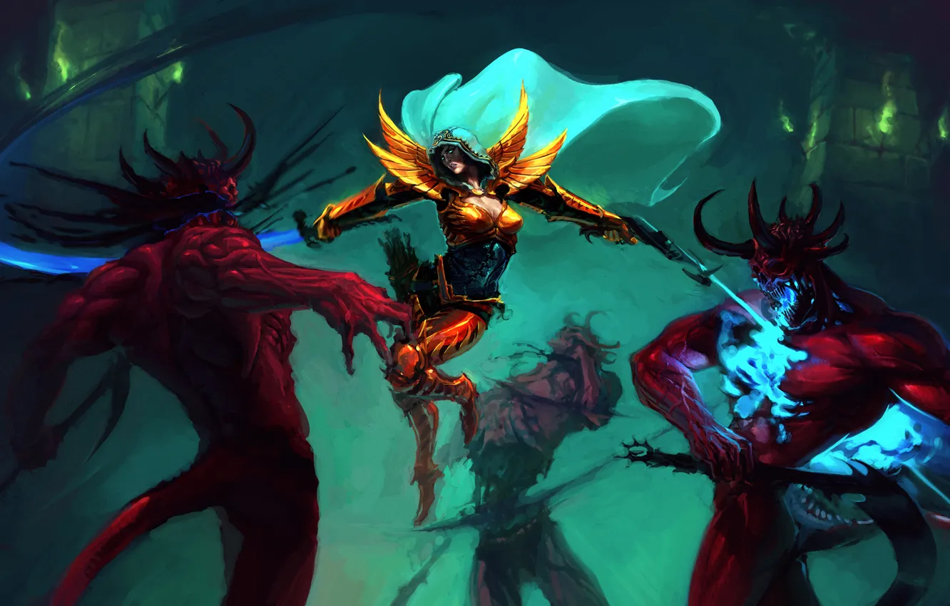 Photo wallpaper weapons, castle, sword, the demon, art, torch, armor, cloak