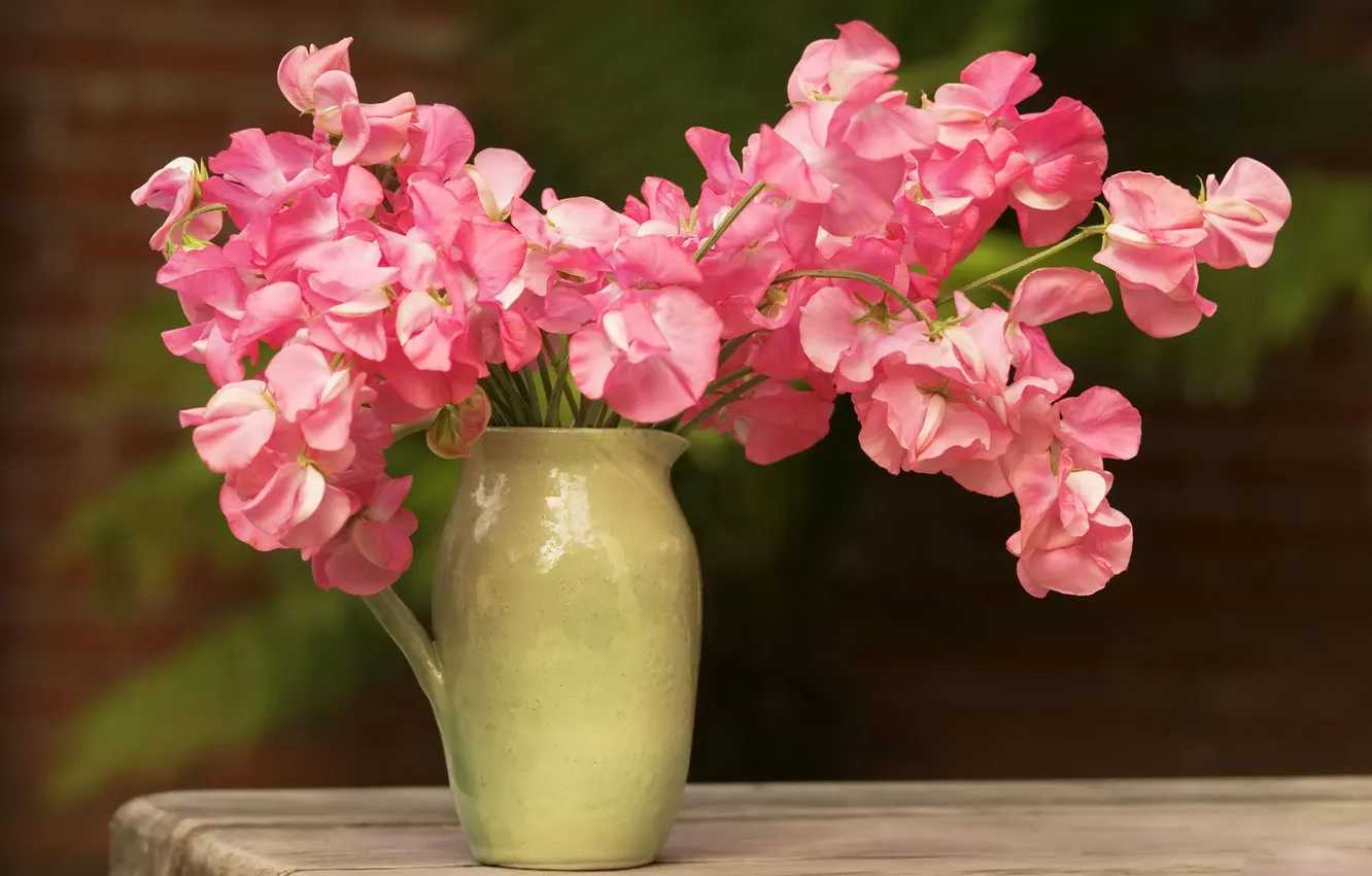 Photo wallpaper flowers, table, bouquet, pink, pitcher