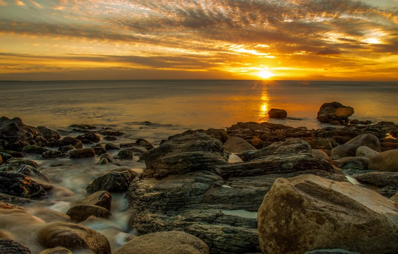Photo wallpaper sea, sunset, stones