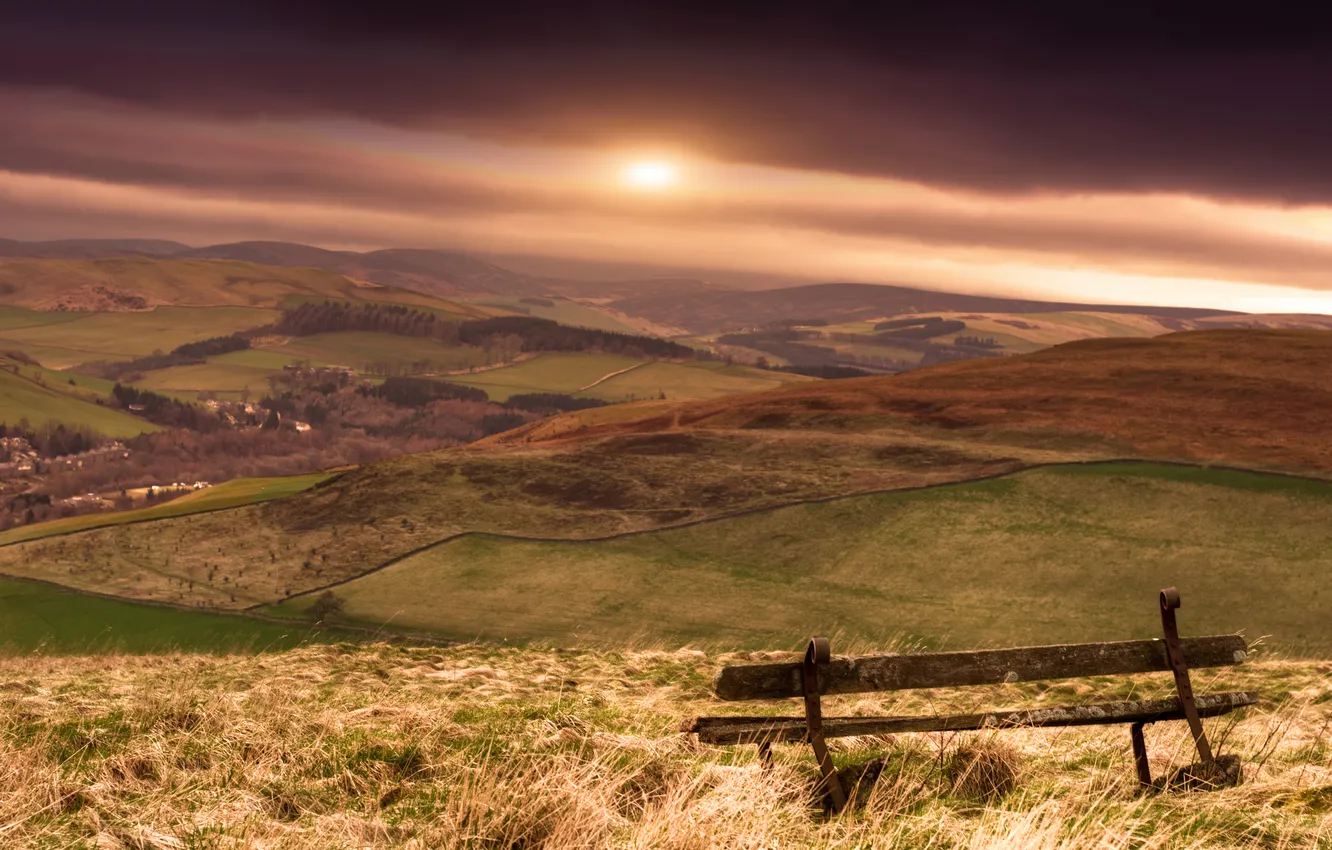 Photo wallpaper field, the sky, grass, the sun, sunset, bench, hills, dal