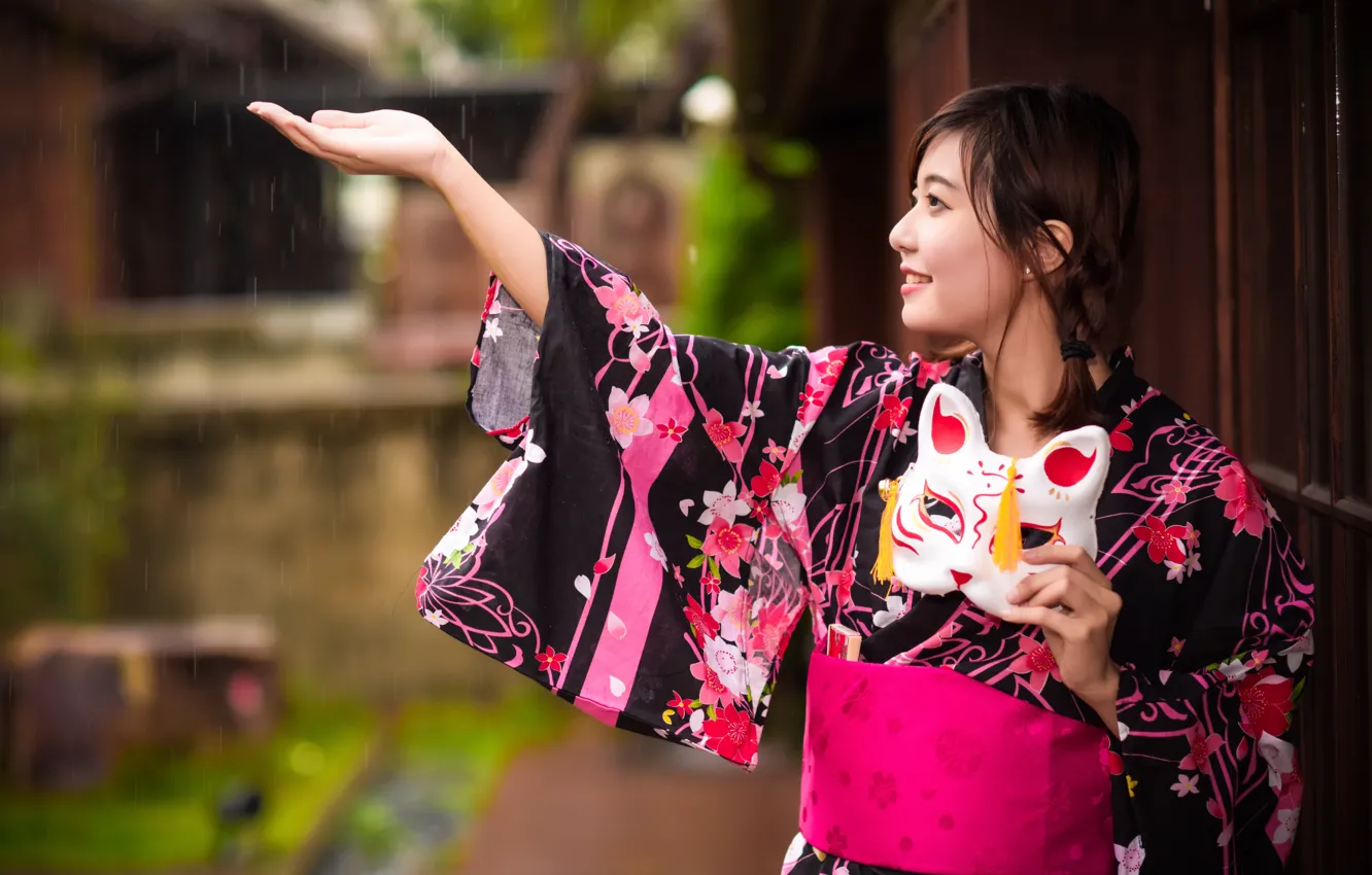 Photo wallpaper girl, smile, rain, mask, kimono, Asian