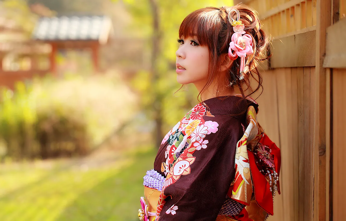 Photo wallpaper look, girl, face, style, clothing, kimono, Asian