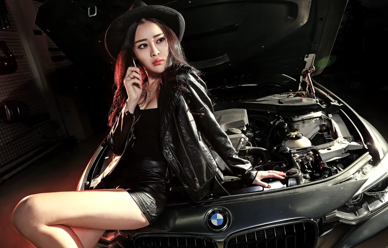 Photo wallpaper auto, look, girl, BMW, Asian, beautiful girl, posing on the car