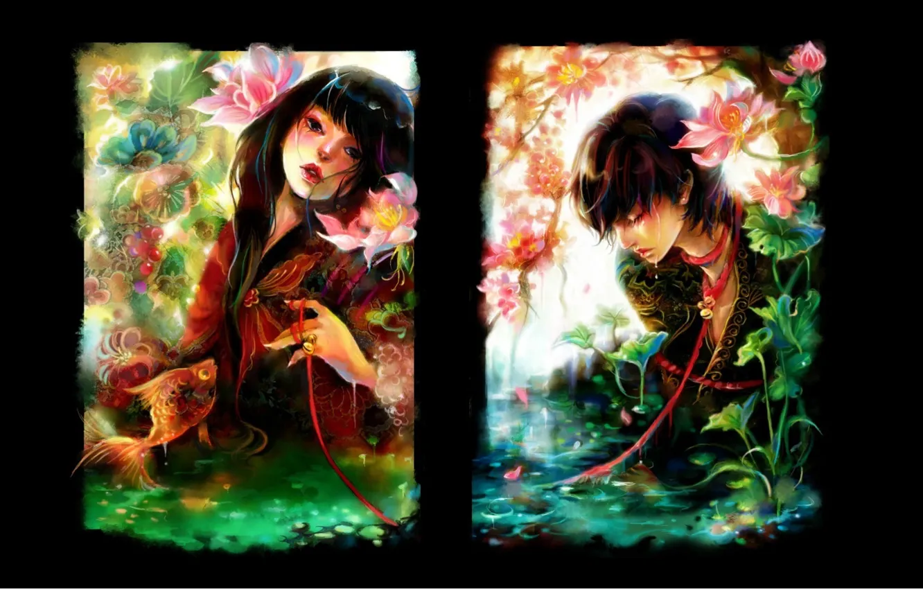 Photo wallpaper water, tears, Lotus, goldfish, black background, two, red thread