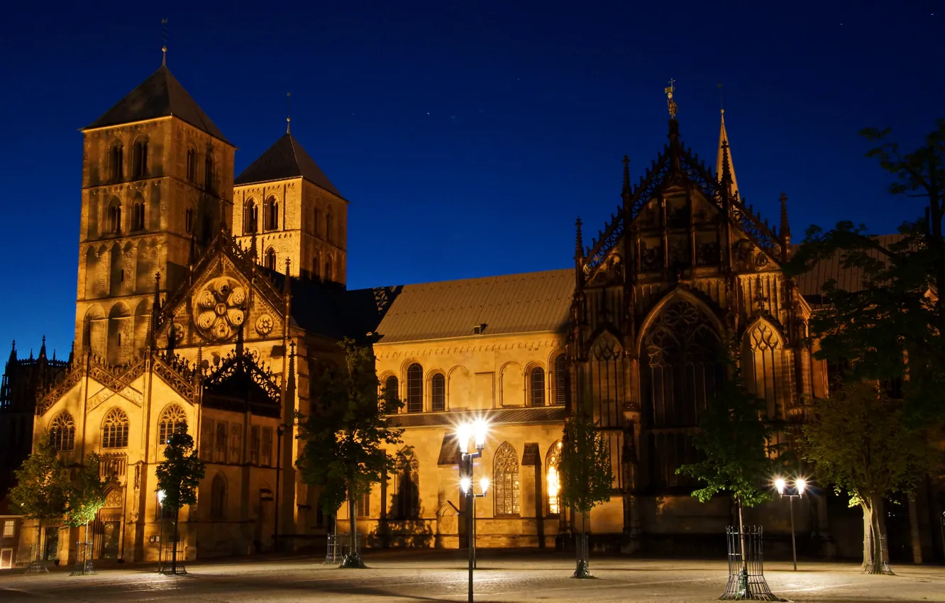 Photo wallpaper night, Germany, lights, temple, St. Paul's Cathedral, Munster, St.-Paulus-Dom, square Domplatz