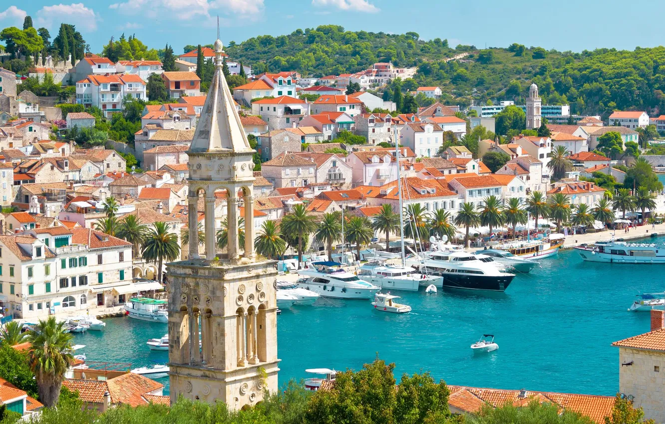 Photo wallpaper sea, the city, palm trees, ship, island, Marina, home, yacht