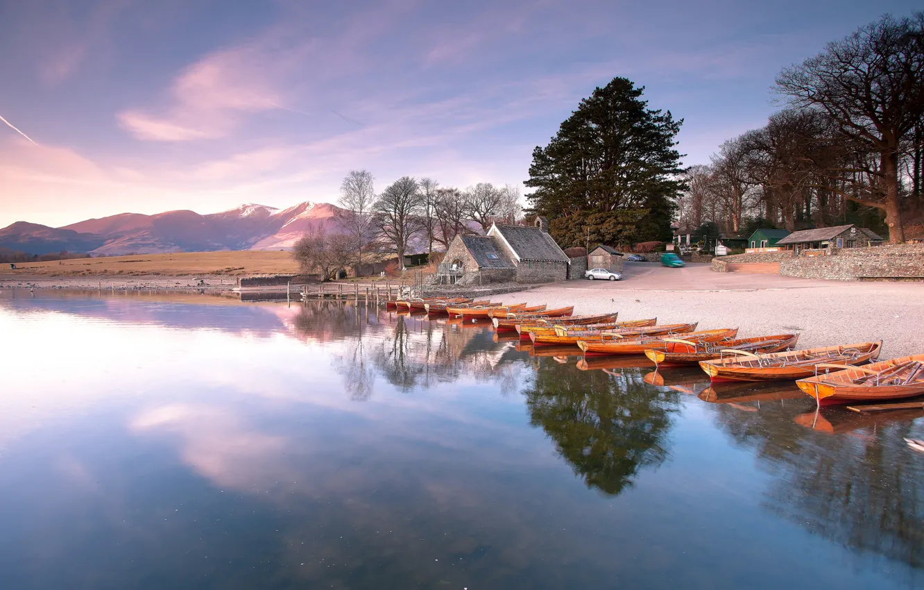 Photo wallpaper trees, mountains, lake, dawn, shore, boat, home, morning