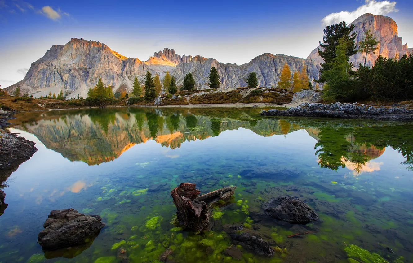 Photo wallpaper trees, landscape, mountains, nature, lake, reflection, stones, Italy