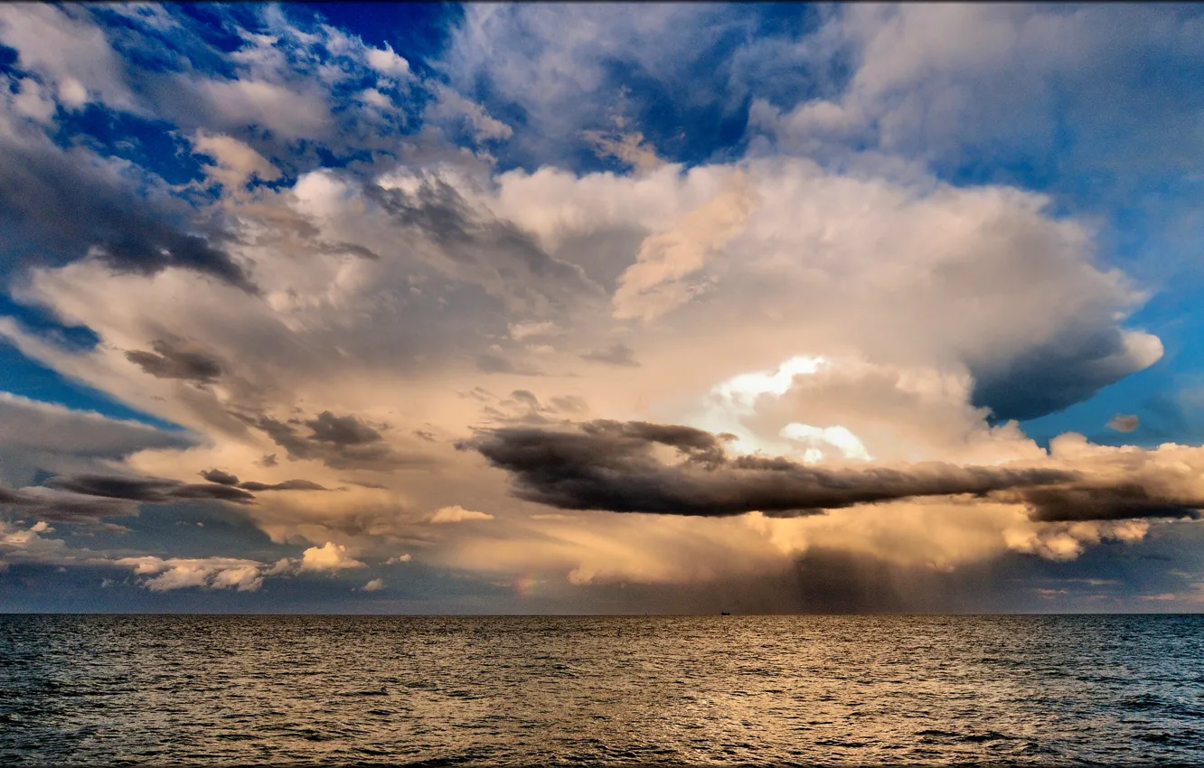 Photo wallpaper sea, the sky, the sun, clouds, ship
