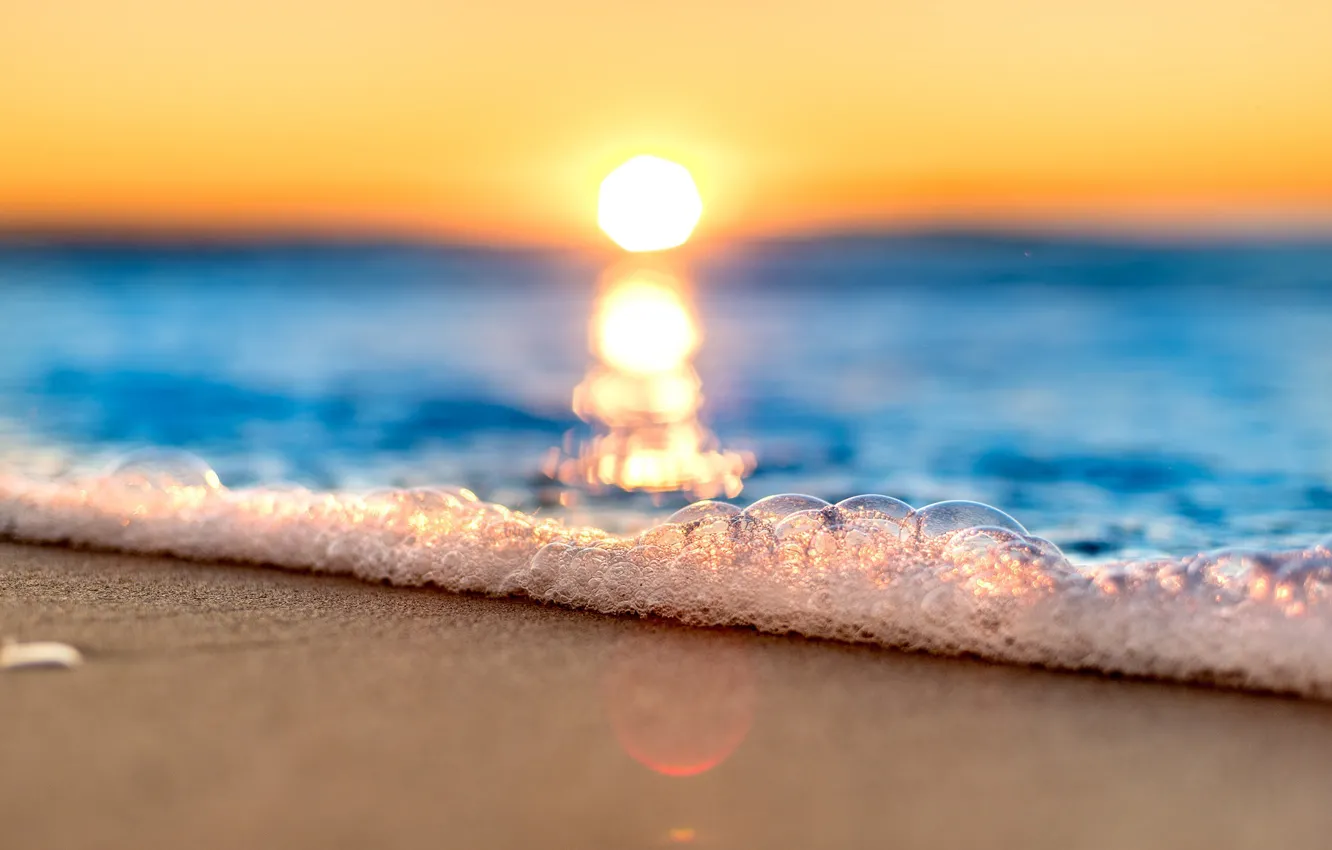 Photo wallpaper sea, foam, the sun, shore, wave