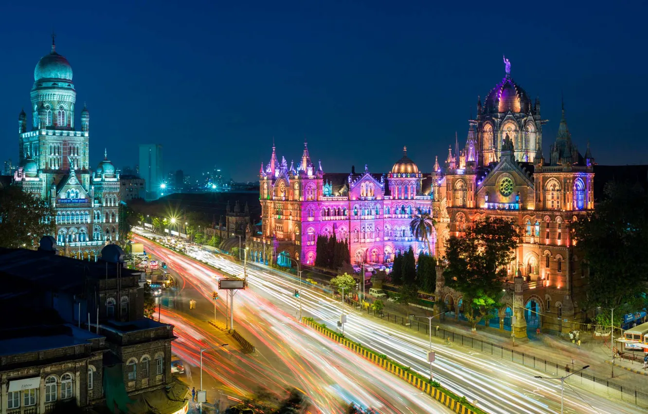 Photo wallpaper night, lights, home, India, Mumbai, Station And The Chhatrapati Shivaji