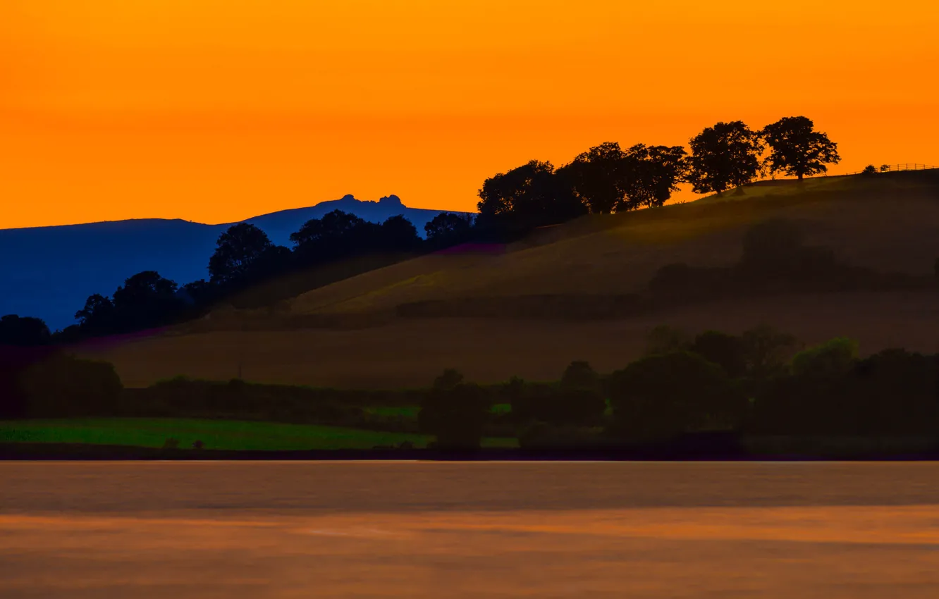 Photo wallpaper field, the sky, trees, mountains, glow