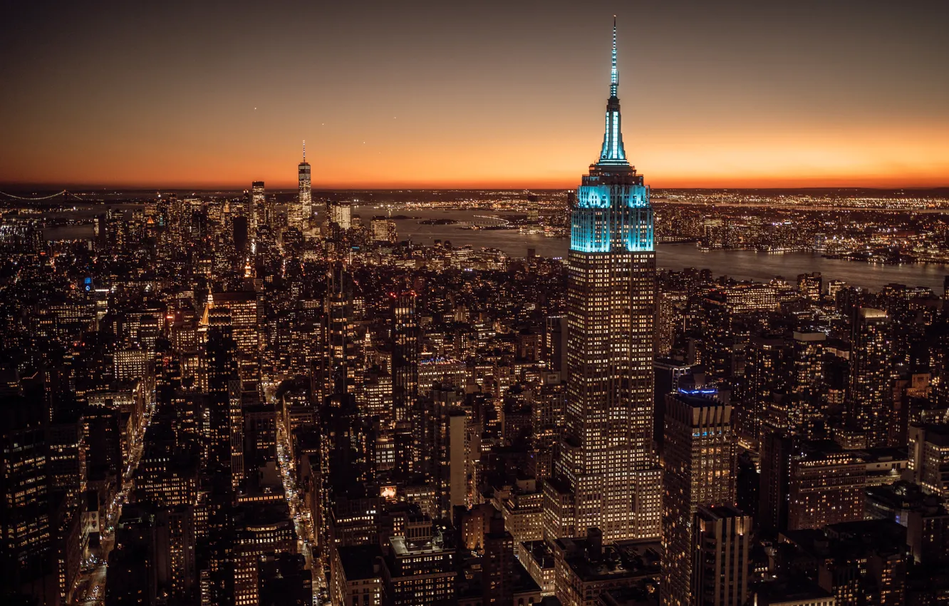 Photo wallpaper World, Sunset, New York City, Empire State Building, Cityscape, City lights