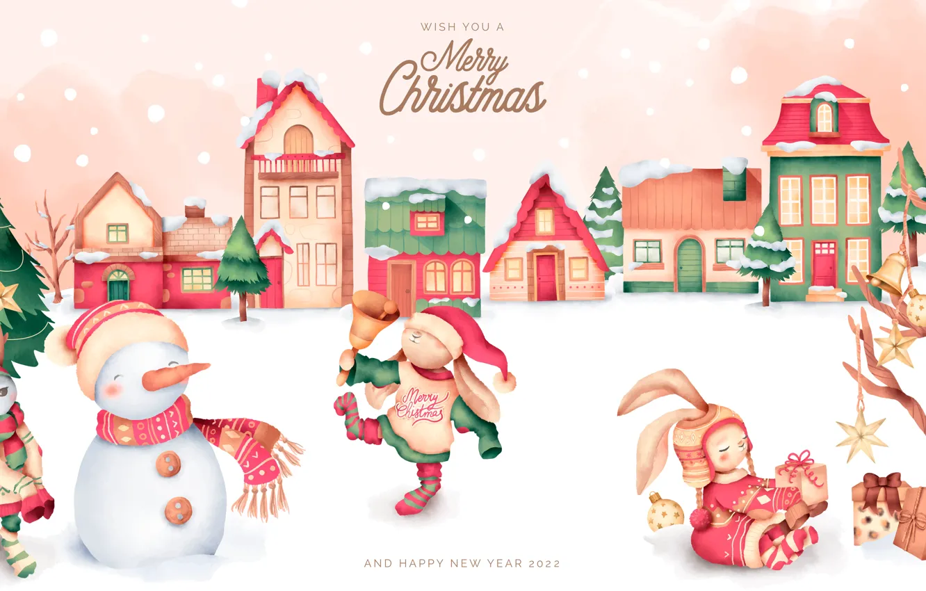 Photo wallpaper winter, snow, tree, home, Christmas, rabbits, New year, snowman