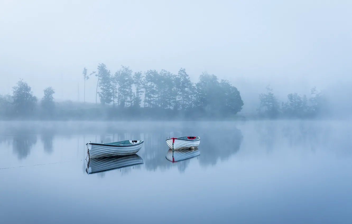 Photo wallpaper fog, lake, boats