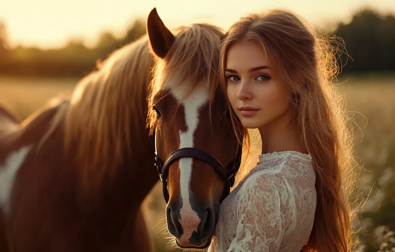 Photo wallpaper field, look, girl, light, pose, each, horse, horse