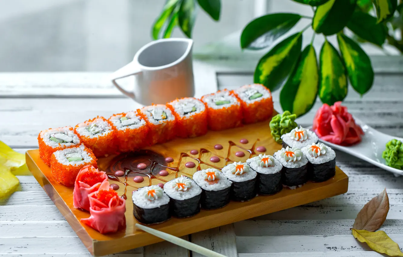 Photo wallpaper figure, sauce, caviar, sushi, rolls, wasabi, ginger, nori