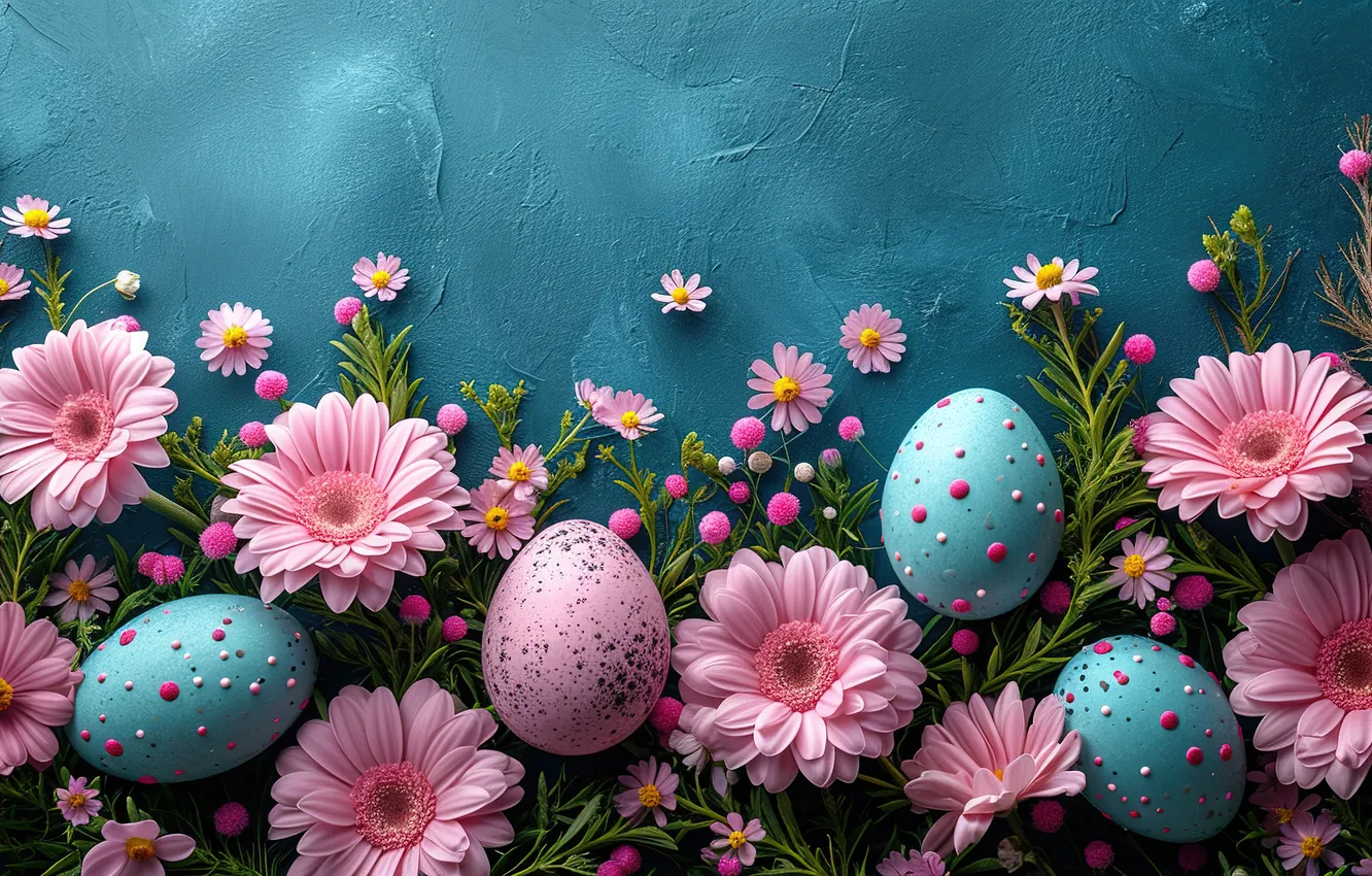 Photo wallpaper flowers, eggs, spring, colorful, Easter, pink, flowers, spring