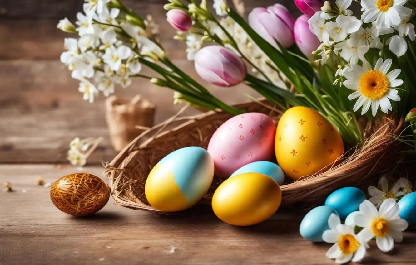 Photo wallpaper flowers, eggs, spring, colorful, Easter, flowers, spring, Easter
