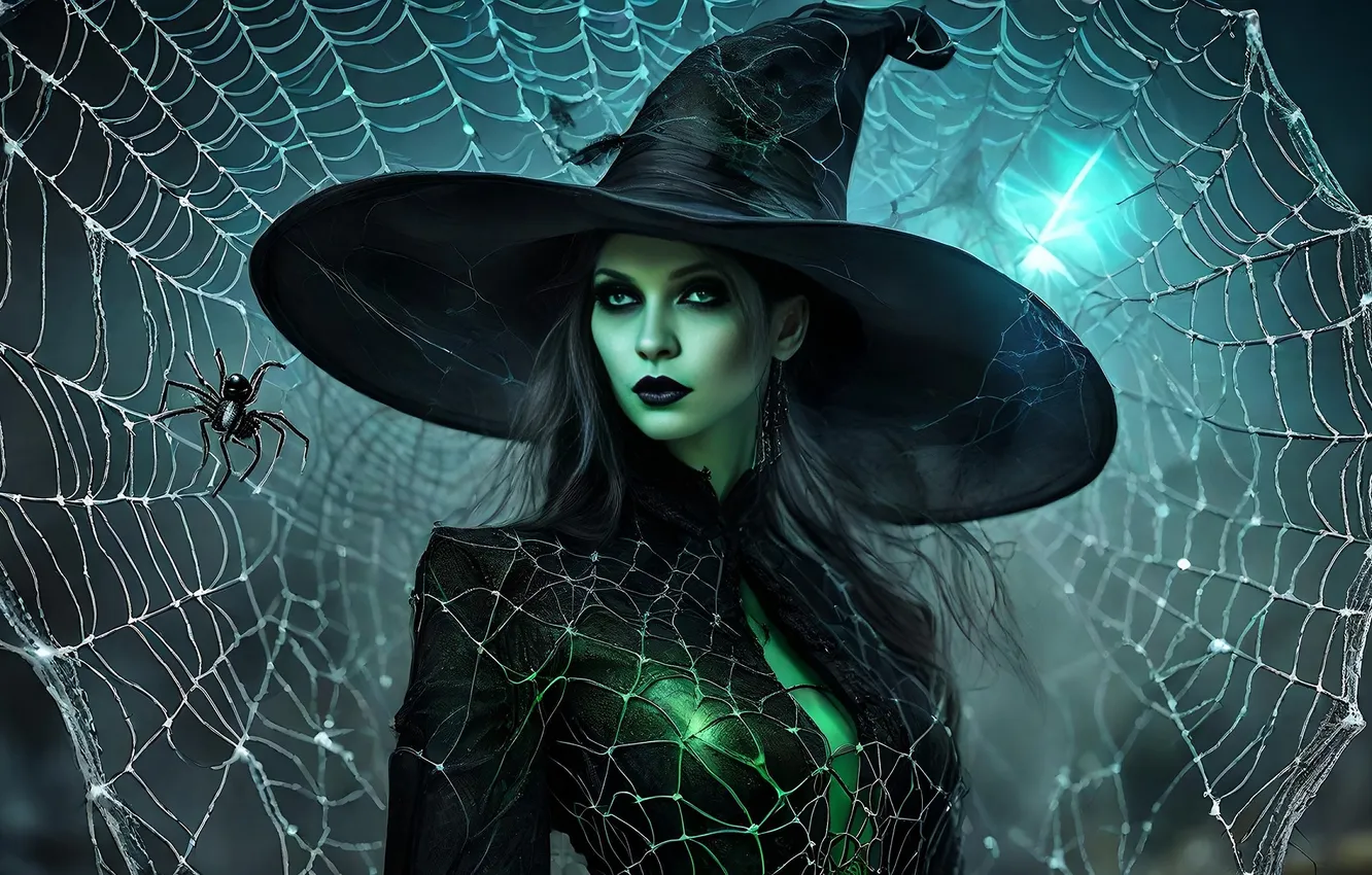 Photo wallpaper girl, web, hat, witch