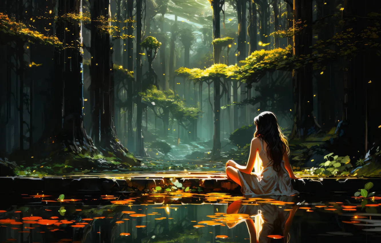 Photo wallpaper forest, girls, nature, water, people, drawings